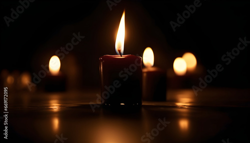 candle light in the middle of a dark room with no people fire makes different figures dark shadows on the background style
