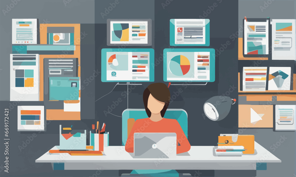 business office worker, work and business, vector illustration business office worker, work and business, vector illustration online conference call center, business meeting, conference and online lea - obrazy, fototapety, plakaty 