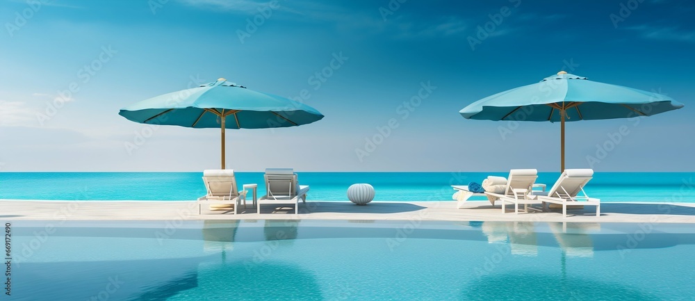 Fototapeta premium Opulent Poolside with Loungers Overlooking the Sea. Generative ai