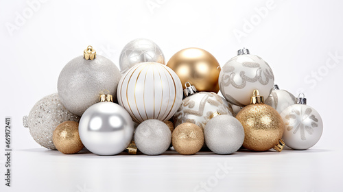 Silver and gold christmas decorations on a white background © Ziyan Yang