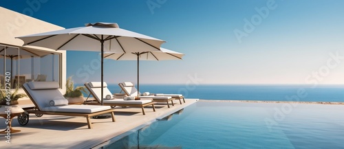 Opulent Poolside with Loungers Overlooking the Sea. Generative ai