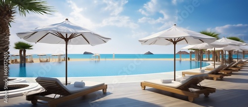 Opulent Poolside with Loungers Overlooking the Sea. Generative ai