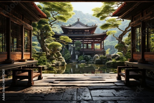 asian zen construction in a forest