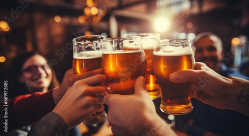 Cheers to Friendship: Hand Raising Beer Glass Amidst Jubilant Pals. Generative ai