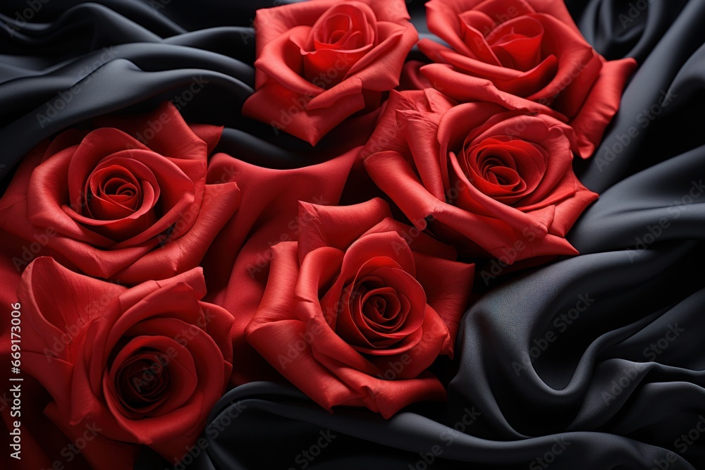red rose on a bed with black silk sheets - obrazy, fototapety, plakaty 