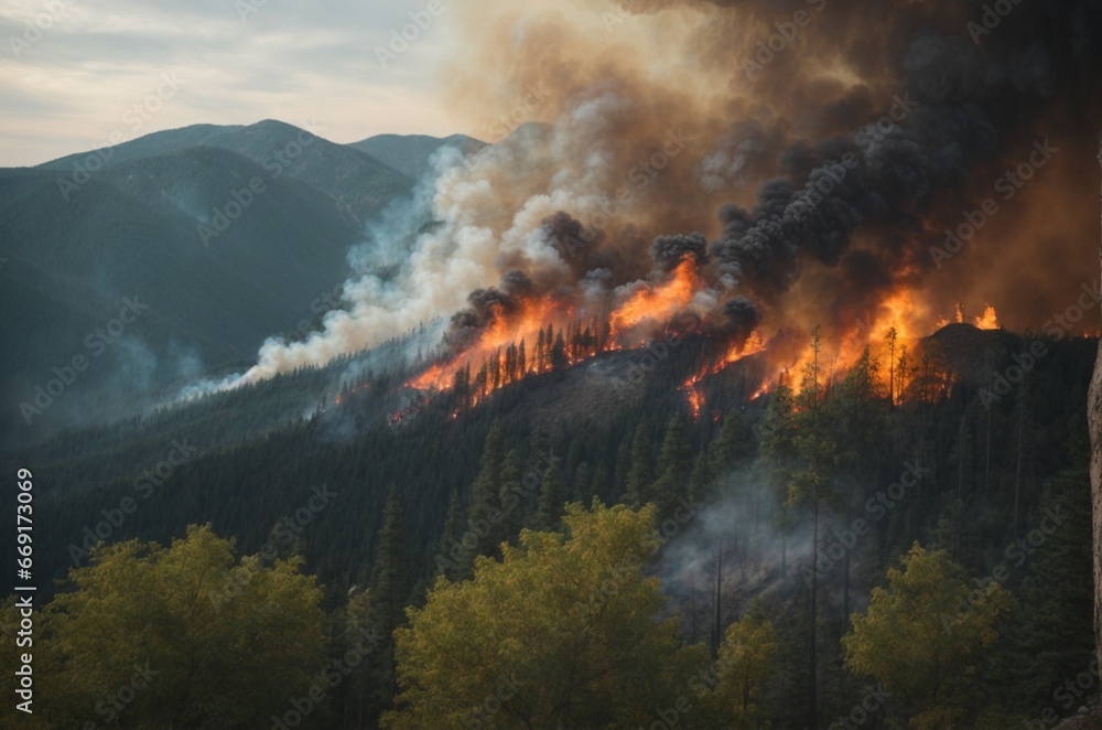 Fototapeta premium Forest fire in the mountains at sunset. The concept of natural disaster