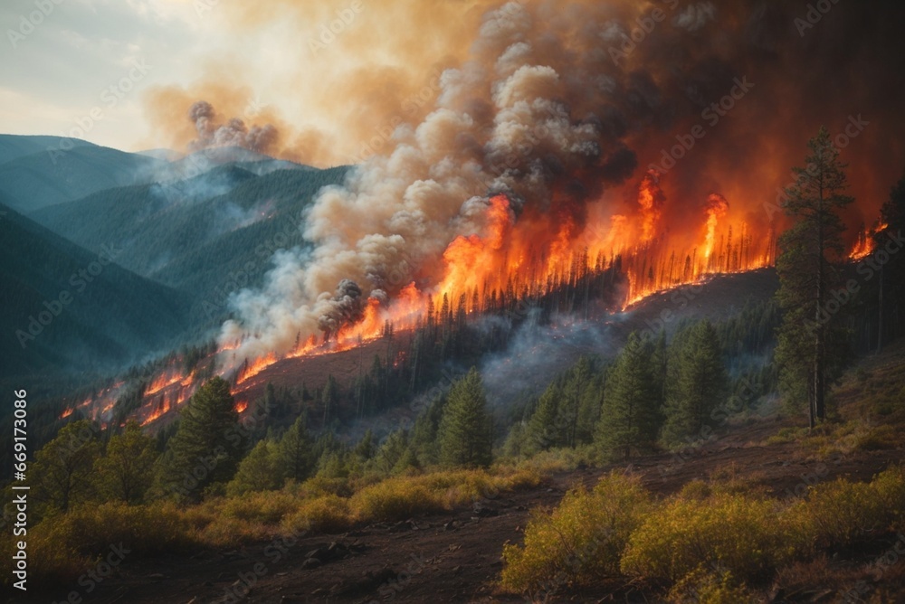 Forest fire in the mountains at sunset. The concept of natural disaster