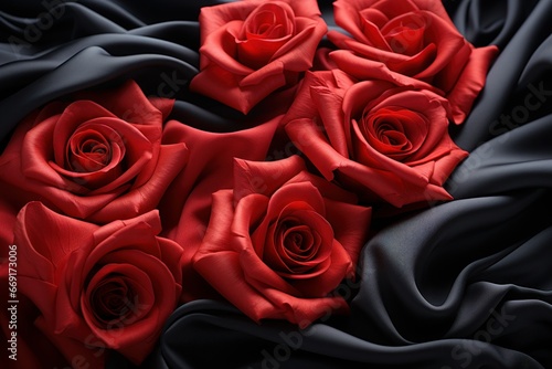 red rose on a bed with black silk sheets