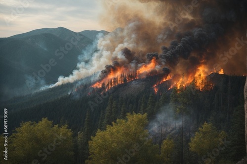 Forest fire in the mountains at sunset. The concept of natural disaster