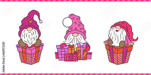 Cute Christmas characters fun gnomes with gift boxes. Pink magenta color palette. Pinkmas trend vector illustration. Xmas scandinavian gnome for festive projects, greeting cards, print, home decor.