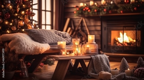 Cozy living room. Christmas and New Year holidays background. Christmas tree, candles, bokeh lights and fireplace.