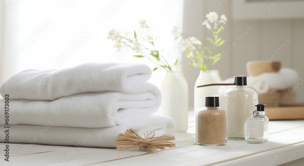 Serene Spa Ambiance: Towels and Herbal Treatments in White Space. Generative ai