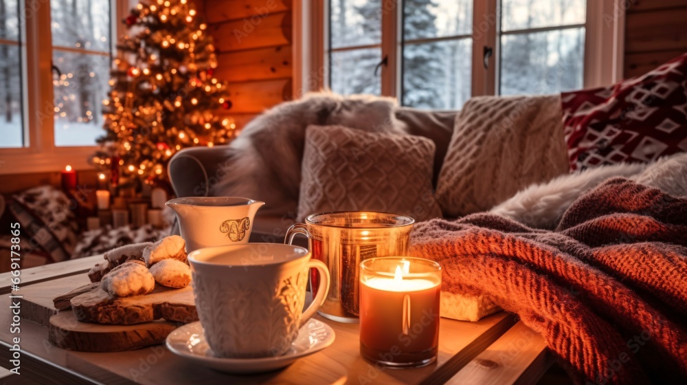 Fototapeta premium Cozy living room with candles, fireplace and christmas decorations. Vintage style. Interior of a cozy living room with a fireplace, a Christmas tree and gifts.