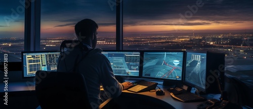 Diligent Air Traffic Controller Guiding Skies from Tower. Generative ai photo