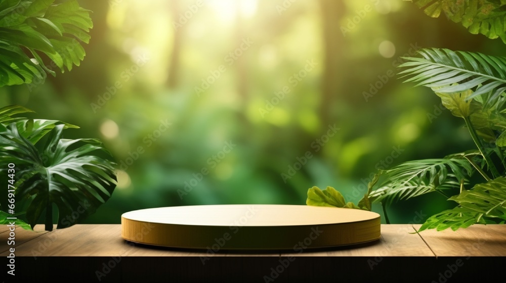 Wood tabletop podium floor in outdoors blur green tropical leaf tropical forest nature landscape background.cosmetic natural product mock up placement pedestal stand display,jungle summer concept