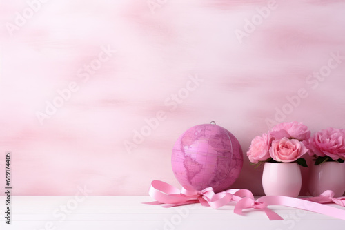 Ribbon and accessories on pastel background with copy space