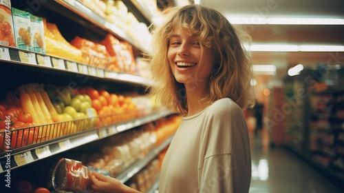 Young smiling happy woman 20s in casual clothes shopping healthy fresh fruits in a supermarket.