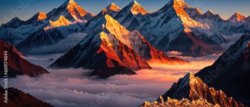 Mountain peak of the tibetan snow-capped mountains, a beautiful panorama of the mountains at sunset of the day, generative ai. © Budjak Studio