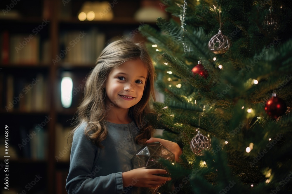 Little girl standing near a decorated christmas tree in a living room. Little girl standing near a decorated christmas tree in a living room.