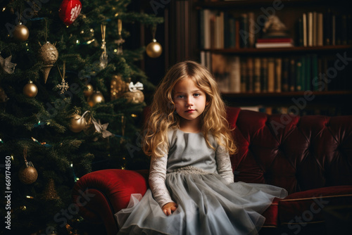 Little girl standing near a decorated christmas tree in a living room.