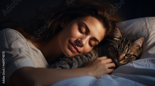 Beautiful Young Woman Sleeping Cozily with her Cat on a Bed in Her Bedroom at Night. Blue Nightly Colors with A Warm Lamppost Light Shining Through the Window.