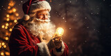 Santa with candle holding up flame with christmas tree