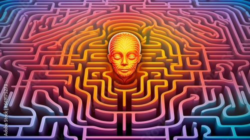 LABYRINTH OF THE HUMAN BRAIN. PSYCHEDELIC FUTURISTIC ABSTRACT BACKGROUND. legal AI