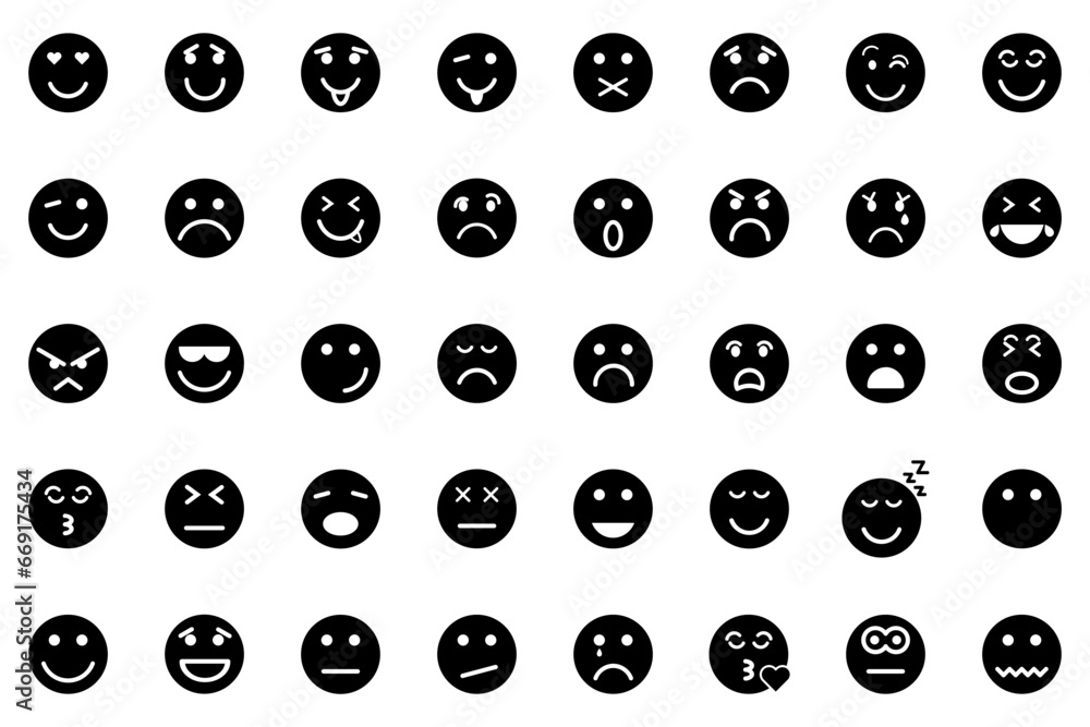 set of icons emoticons black and white background set of icons emoticons black and white background