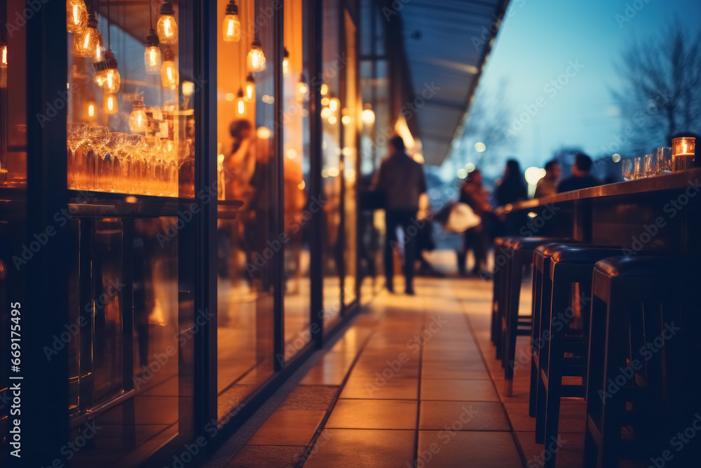 An outside evening bar with defocused backdrop featuring dazzling light showcases, well-lit bar counter, tables, and high chairs, setting the scene enjoyable night out