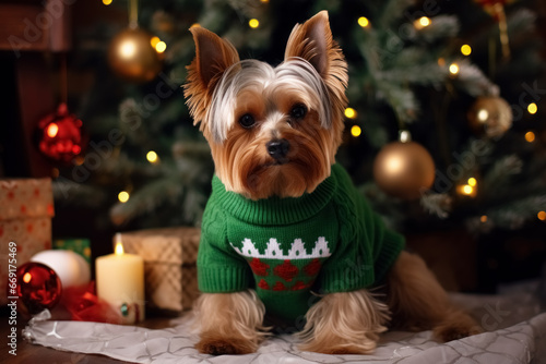 Miniature Yorkshire Terrier dog, wearing ugly sweater, lies on the floor in room adorned with holiday decorations against christmas tree and gift boxes