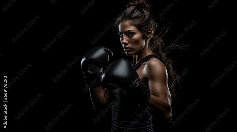 Female boxer with gray boxing gloves, AI generative