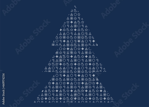 Greeting Card or Post Card or Gift Card with White Christmas Icon Pattern on Christmas Tree Shape and Blue Background Template