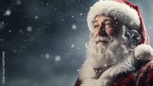Santa Claus with copy space on a grey background  Happy Merry Christmas  AI generative