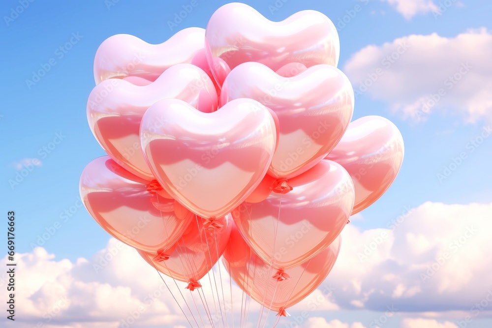 Pink heart-shaped balloons on blue sky Valentine's day background