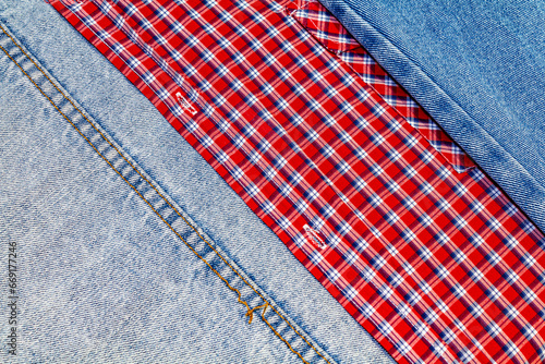 Blue denim and red checkered cotton fabric