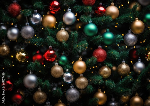A high-angle shot of a Christmas tree adorned with jingle bells of various sizes and colors. The cam