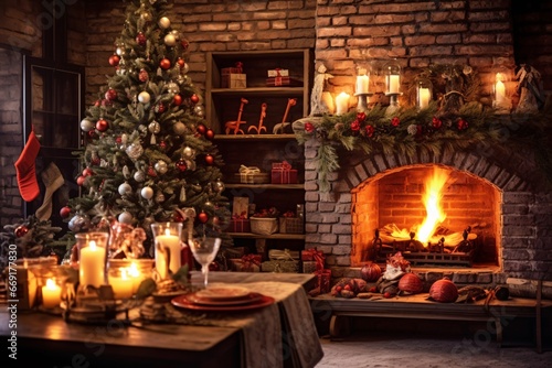 Cozy living room with candles  fireplace and christmas decorations. Vintage style. Interior of a cozy living room with a fireplace  a Christmas tree and gifts.