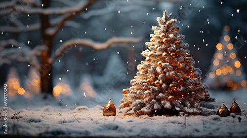 Christmas tree in the winter forest. Beautiful winter landscape with Christmas tree.  photo