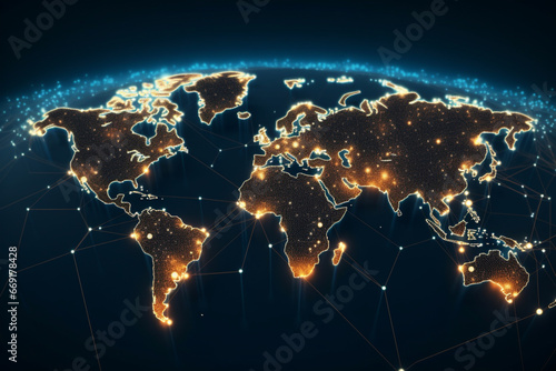 A background representing exports, imports or connected networks on a world map with large cities illuminated by stylish dots