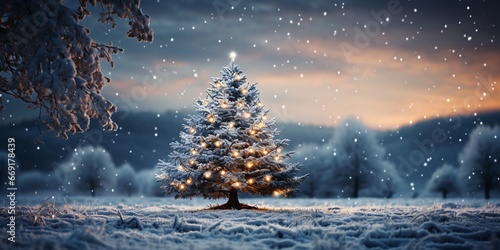 Christmas tree in the winter forest. Beautiful winter landscape with Christmas tree.  © vachom