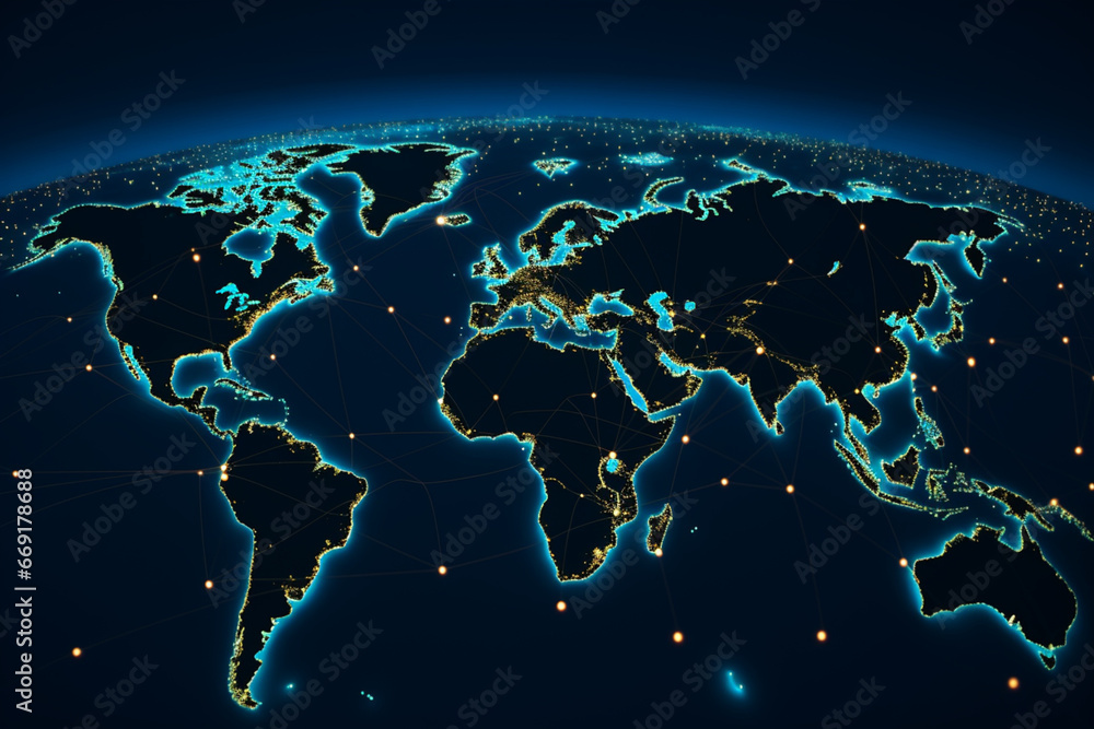 A background representing exports, imports or connected networks on a world map with large cities illuminated by stylish dots - obrazy, fototapety, plakaty 