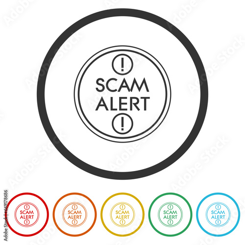 Scam alert yellow sign. Set icons in color circle buttons