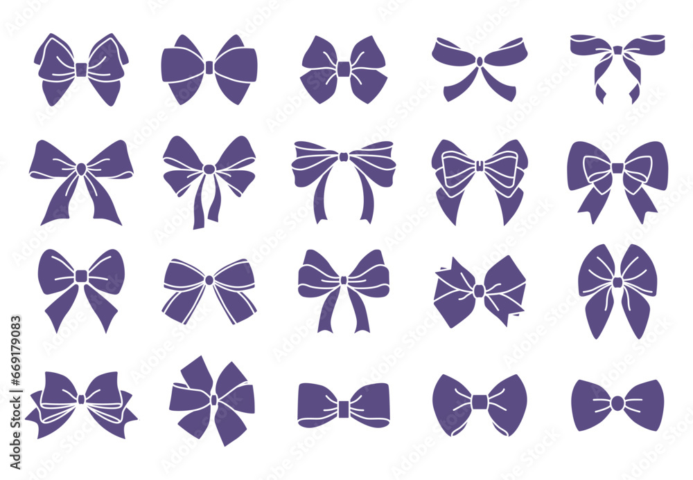 Bow icons. Ribbon for gifts and present boxes, tie for birthday and christmas, bowtie, elegant black and white gift decoration, wrapping decoration. Packaging elements. Vector isolated design - obrazy, fototapety, plakaty 