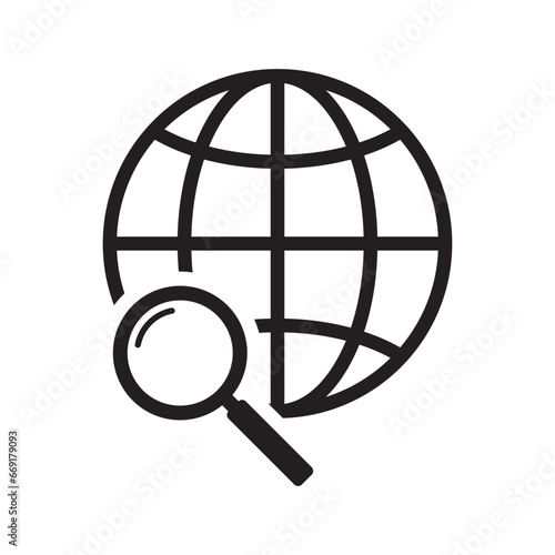 Magnifier and globe icon, search for a place on a map or on the globe icon. The icon of the magnifying glass and planet Earth.