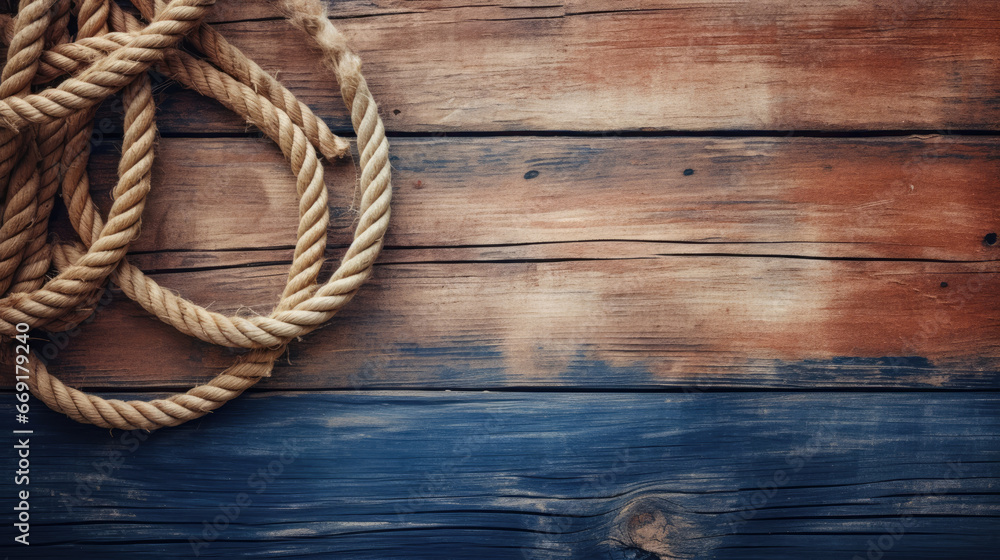 Rope on an old wooden planks, nautical background