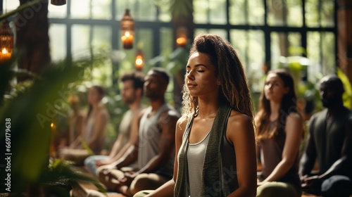 A group meditation session in a yoga studio, breath exercise, men and women meditating and breathing with closed eyes, breath-work concept