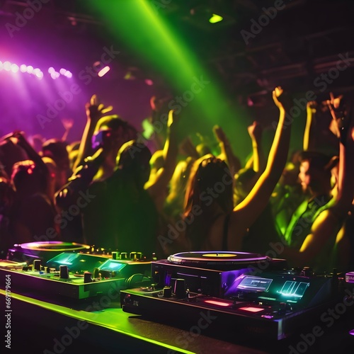 DJ booth in front of dancing party people Night club crowd dance with hands up in cgreen neon lights photo