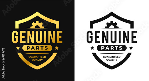 Genuine parts with gold stamp frame shield label. Vector Illustration