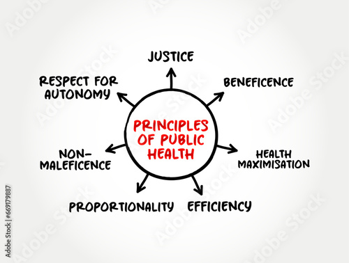 Principles of public health (science and art of preventing disease, prolonging life and promoting health through the organized efforts) mind map text concept background