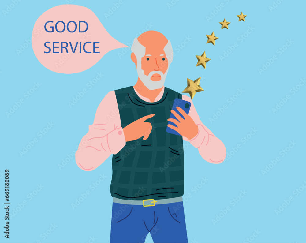 Golden award stars. Clients positive review. Feedback service. Smartphone application. Senior man putting best evaluation. Good satisfaction. Customers assessment rank. Vector concept